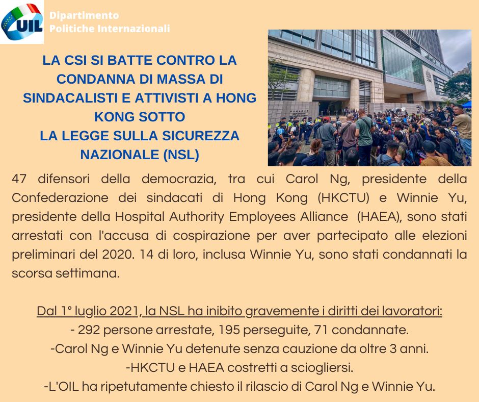 La CSI solidale con i lavoratori di Hong Kong 